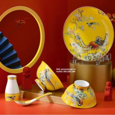 BỘ BÁT ĐĨA CAO CẤP PHƯỢNG HOÀNG MEN VÀNG